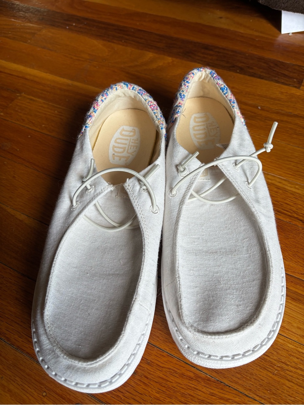 Hey Dude Off-White Canvas Slip-On Moccasins with Multicolor Trim